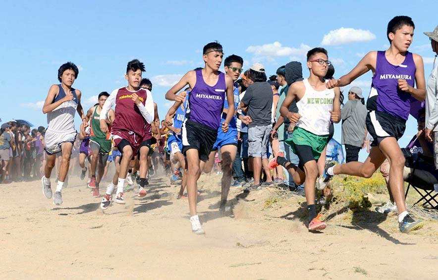 Photo of cross country runners on Hamburger Hill, Tohatchi, NM, courtesy of Quentin Jodie of the Navajo Times. 
